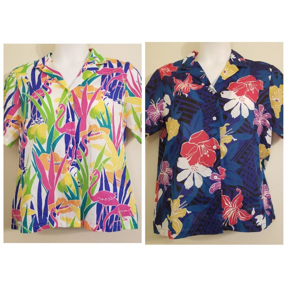 Cheryl Tiegs 16 Blue Tropical Floral Bright Flamingos‎ Blouse Lot of 2 Vintage